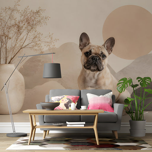 Modern living room wall decor featuring an abstract mountain landscape mural in neutral earth tones