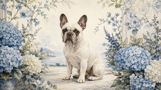 Painterly garden mural featuring a French Bulldog surrounded by blue hydrangeas and a coastal sea view background