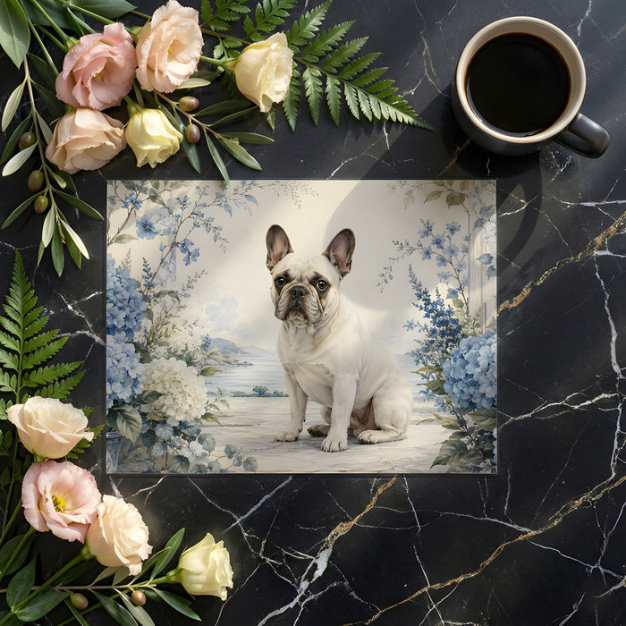 Charming blue hydrangea and French Bulldog wallpaper in a cozy nursery with wooden crib