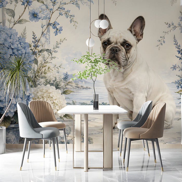 Coastal garden mural featuring a dog in a serene dining room with desk and plants