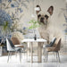 Coastal garden mural featuring a dog in a serene dining room with desk and plants