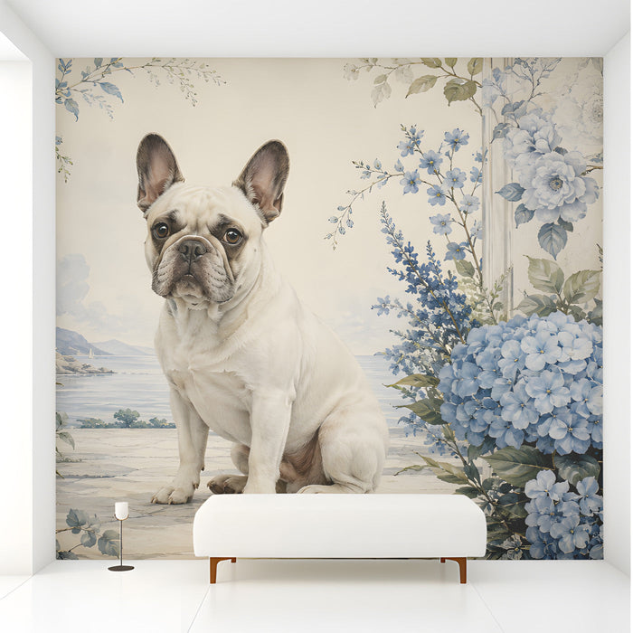 Floral dog mural installed behind a bright white reading chair in a living room