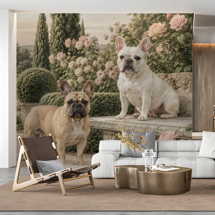A sophisticated living room space showcasing the dog-themed landscape mural on a focal wall with white furniture.