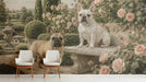 A cozy entryway featuring the French bulldog garden mural behind a velvet sofa and brass floor lamp.
