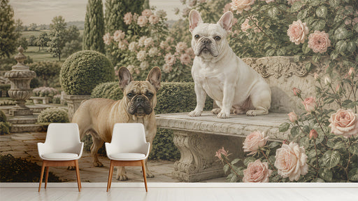 A cozy entryway featuring the French bulldog garden mural behind a velvet sofa and brass floor lamp.