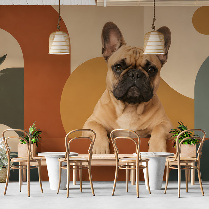 Graphic arch mural installed in a dining room featuring earth tone color palette.