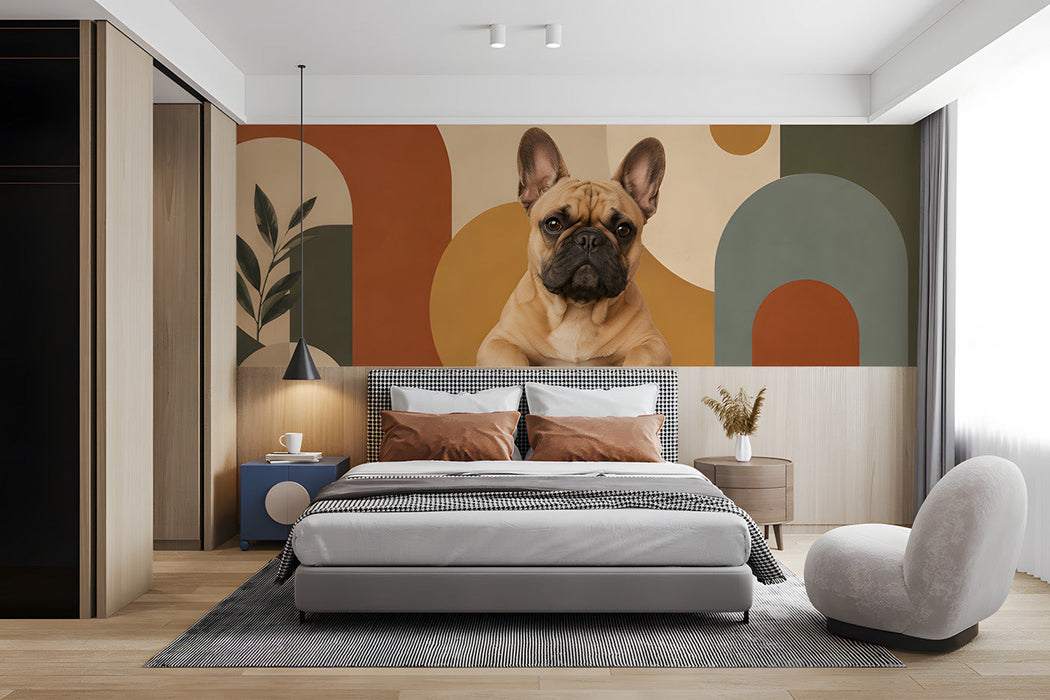 Geometric mural installed in a cozy living room behind a mid-century modern sofa.