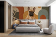 Geometric mural installed in a cozy living room behind a mid-century modern sofa.