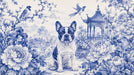 A Chinoiserie wallpaper pattern featuring a French bulldog, songbirds, and large blue and white peonies.