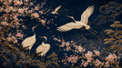 Elegant mural wallpaper featuring white cranes, pink cherry blossoms, and gold pine trees on a midnight navy background.