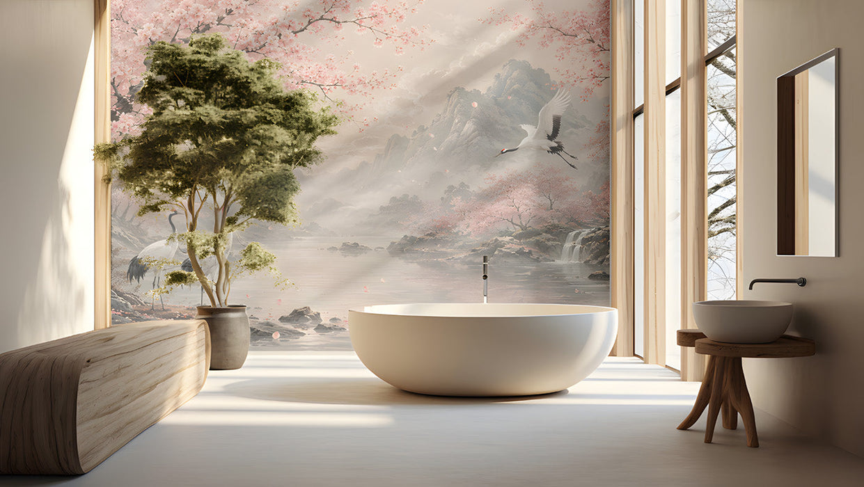 A tranquil bathroom featuring a cherry blossom landscape mural above a neutral headboard.