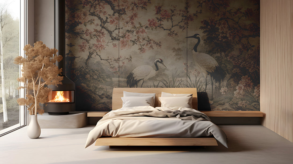Crane and cherry blossom wallpaper installed in a relaxing master bedroom with wood furniture