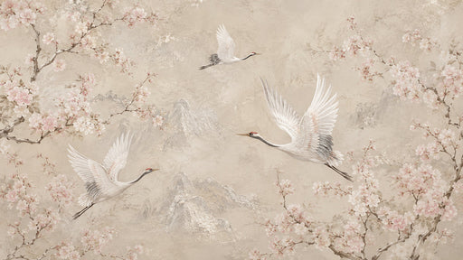 Crane and cherry blossom wallpaper mural in soft cream and rose colors with a textured plaster background.