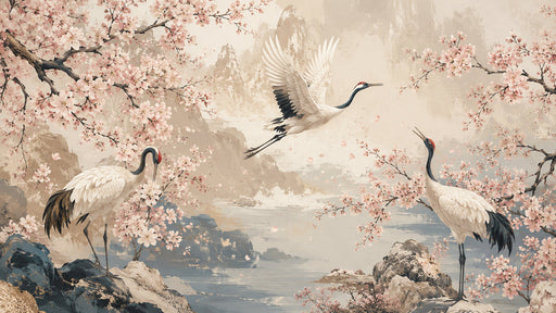 Crane birds flying and standing among pink cherry blossoms and rocky landscape in an ink wash painting style