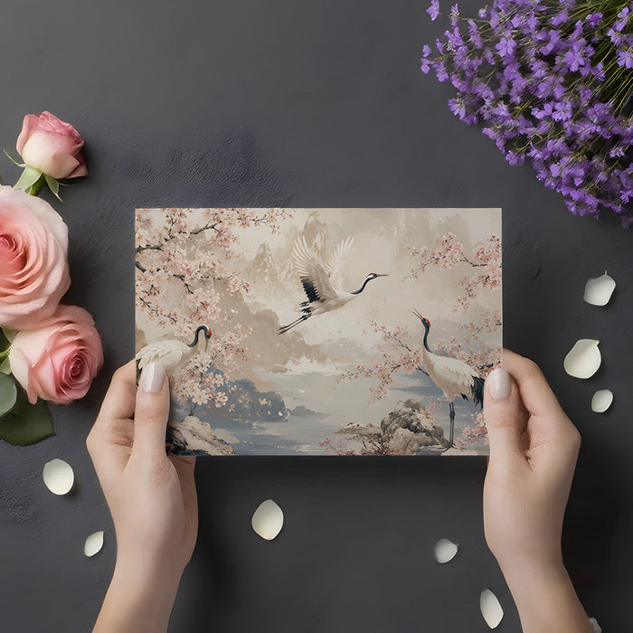 Oriental-inspired mural wallpaper featuring cranes in a quiet home study with wooden furniture