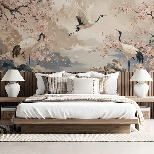 Blush pink cherry blossom mural installed in a sophisticated bedroom for an elegant atmosphere