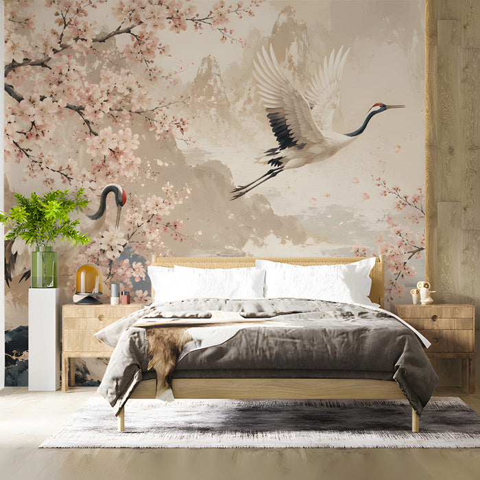 Crane and cherry blossom wallpaper installed behind a neutral bed frame in a master bedroom