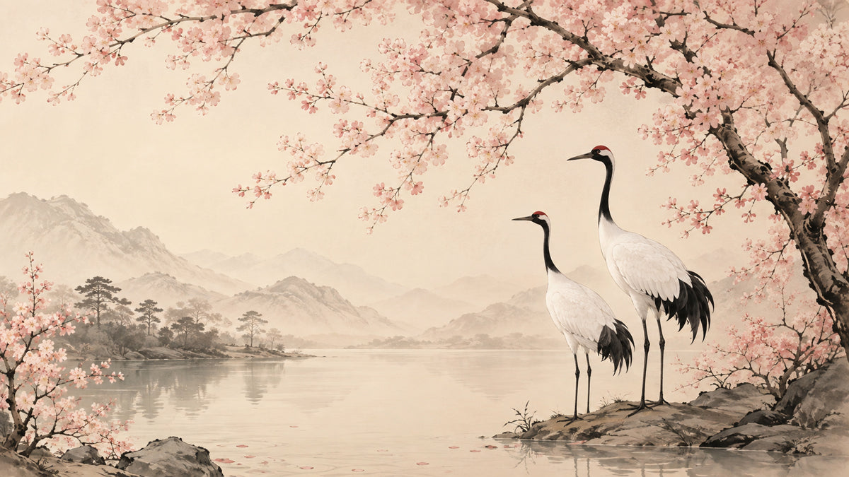 Japanese style wallpaper mural with two cranes, cherry blossom branches, and misty mountains in soft blush and beige.