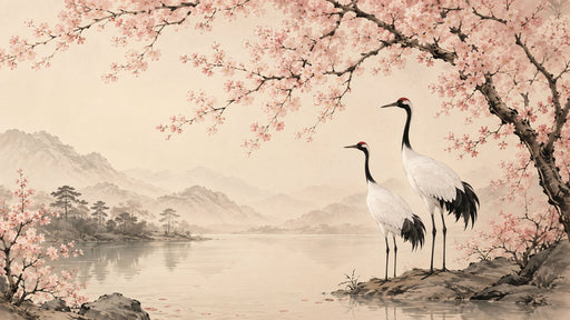 Japanese style wallpaper mural with two cranes, cherry blossom branches, and misty mountains in soft blush and beige.