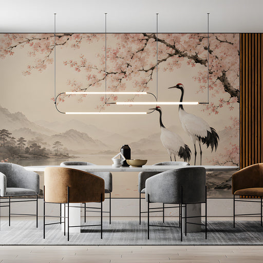 A peaceful home office space with a crane and blossom mural creating a calming backdrop.