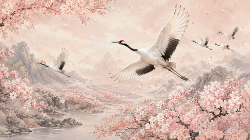 A romantic landscape wallpaper featuring blooming cherry blossom trees and elegant white cranes flying over a misty mountain valley in blush pink and soft grey tones.