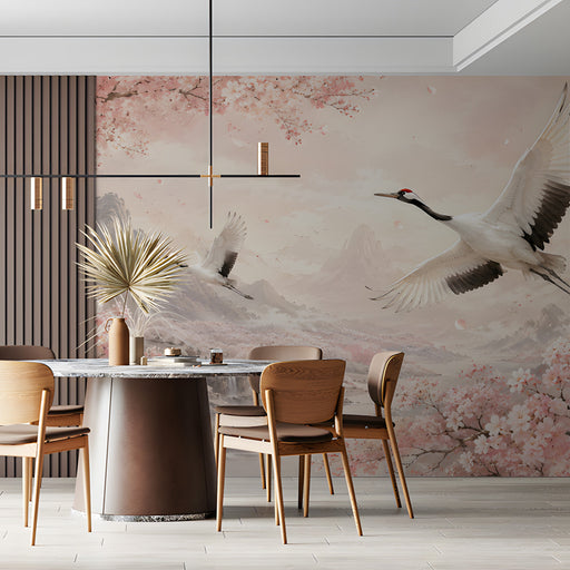 A serene dining room space featuring a scenic mountain and cherry blossom wallpaper design.