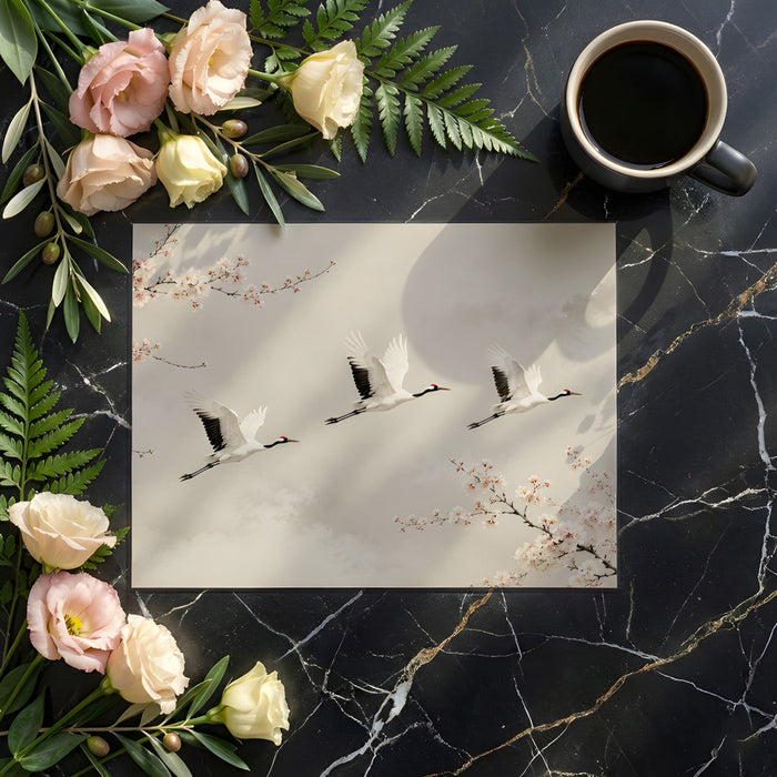 Elegant bedroom wall mural with white cranes flying over a neutral, calming background