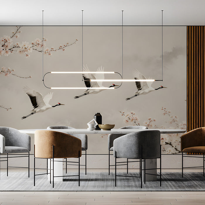 Modern office space with a crane and cherry blossom wall feature behind a walnut desk