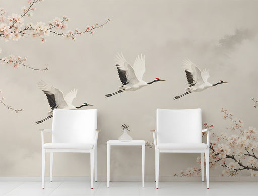 Entryway wall featuring a crane and cherry blossom mural above a mid-century wooden sofa