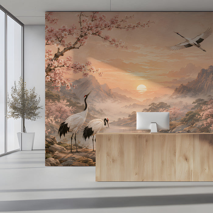 A tranquil dining room wall covered in a sunrise crane landscape mural with soft ambient lighting.