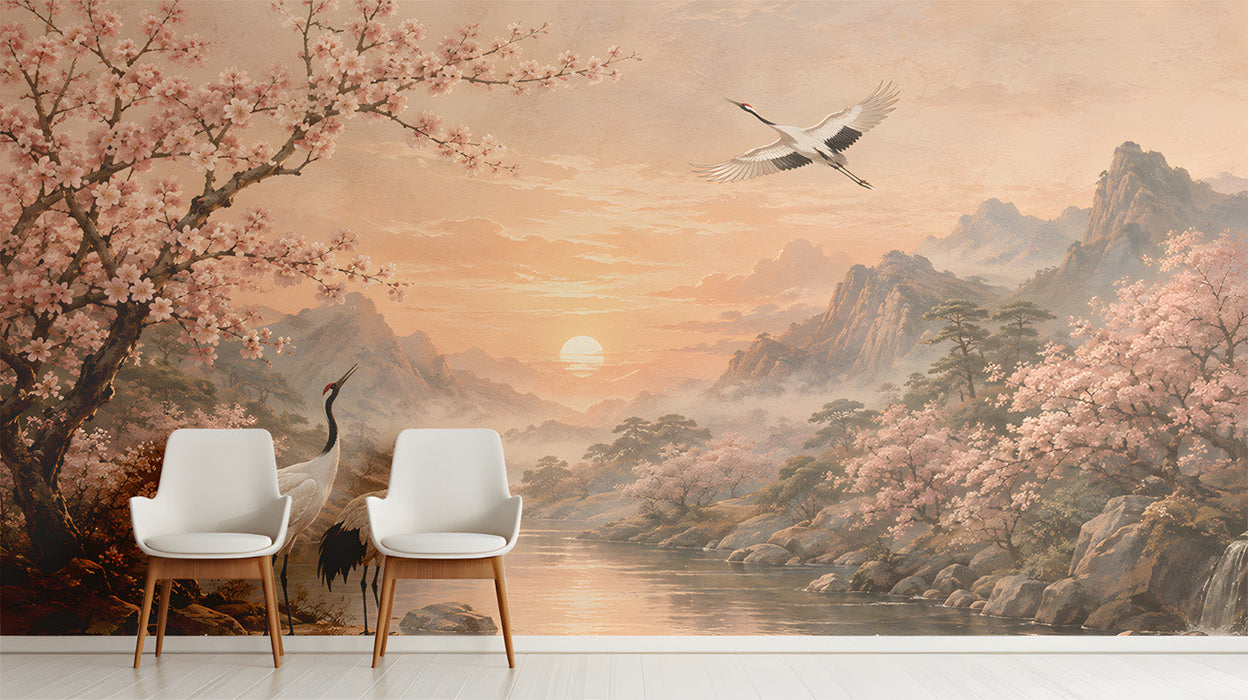 A cozy bedroom with a sunrise landscape mural behind a wooden headboard and neutral bedding.