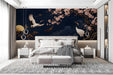 Bedroom wall mural with Japanese inspired crane motif and pink blossoms