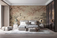 A formal bedroom featuring the crane and blossom mural as a sophisticated wall feature.