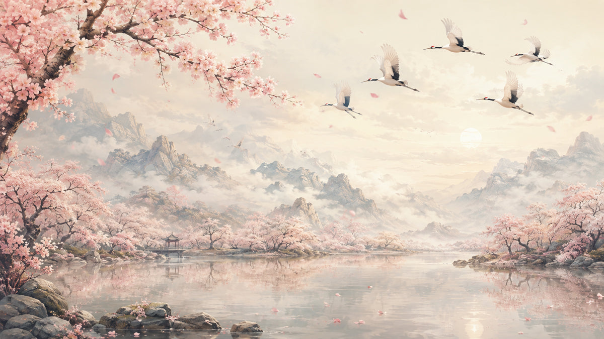 A serene landscape mural featuring pale pink cherry blossoms, flying cranes, and distant misty mountains over a calm lake.