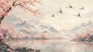 A serene landscape mural featuring pale pink cherry blossoms, flying cranes, and distant misty mountains over a calm lake.