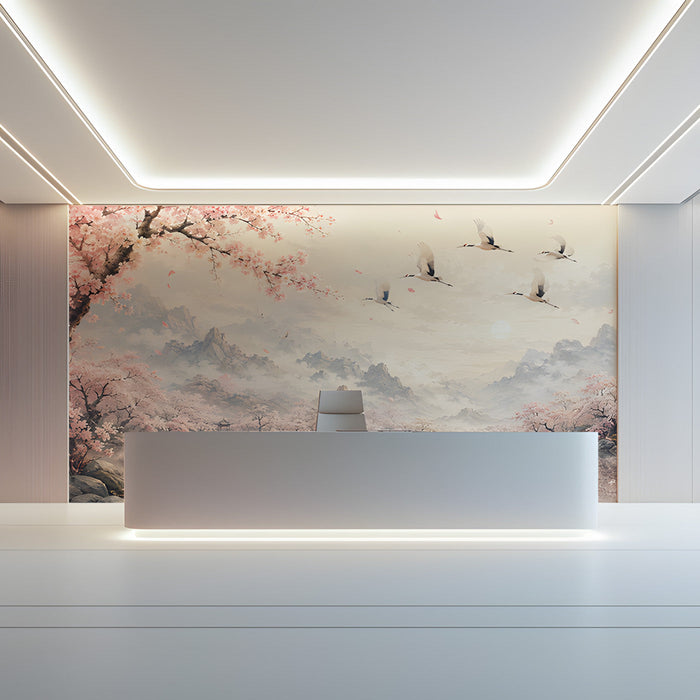 A tranquil reception wall featuring a cherry blossom and crane landscape mural behind a minimalist bed frame.