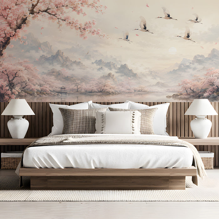 A sunlit bedroom featuring a delicate crane and floral mountain scene mural on the main accent wall.