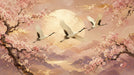 Oil painting style wallpaper pattern with flying white cranes, pink cherry blossoms, and a large golden moon over mountains