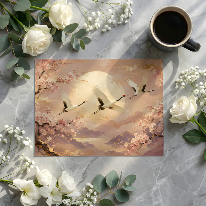Sophisticated bedroom wall covered in a golden crane and pink floral art mural
