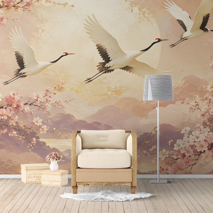 Study wall featuring a chinoiserie crane mural paired with minimalist wooden furniture