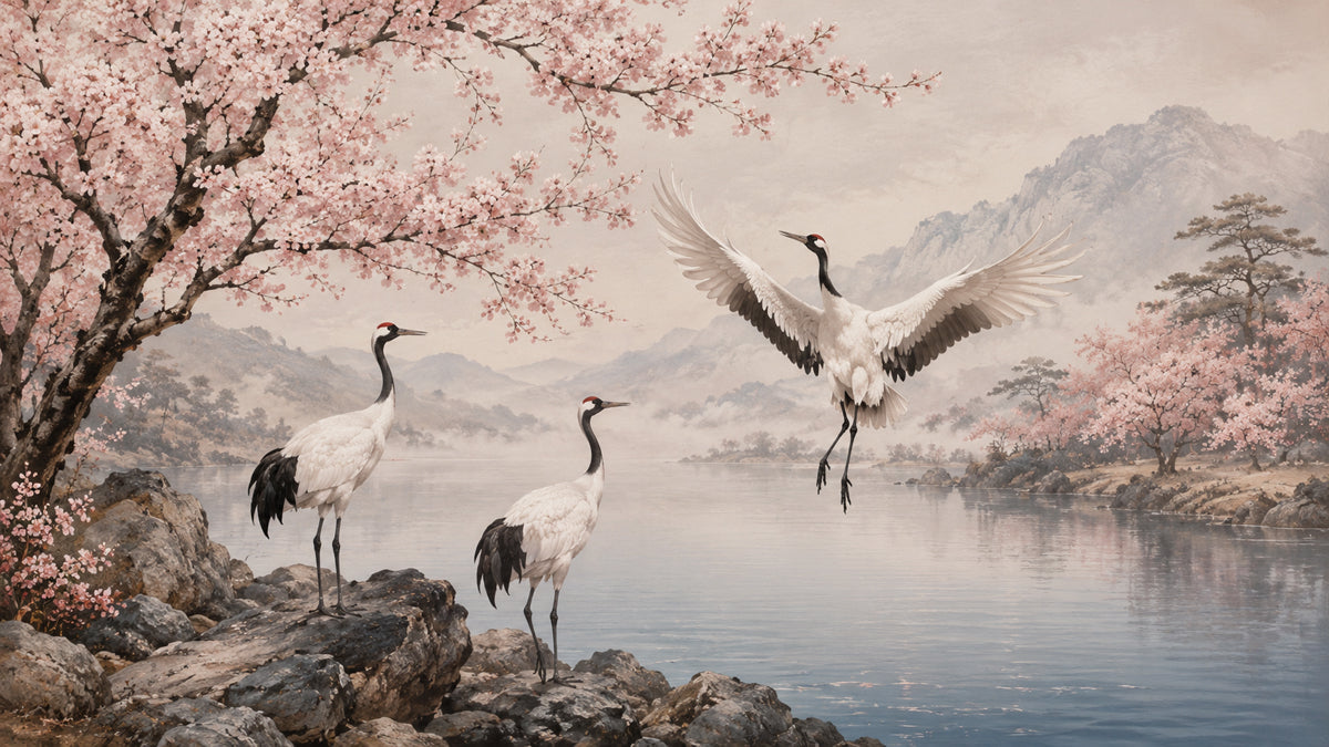 A panoramic wallpaper mural showing Japanese cranes, cherry blossoms, and a misty mountain lake scene.