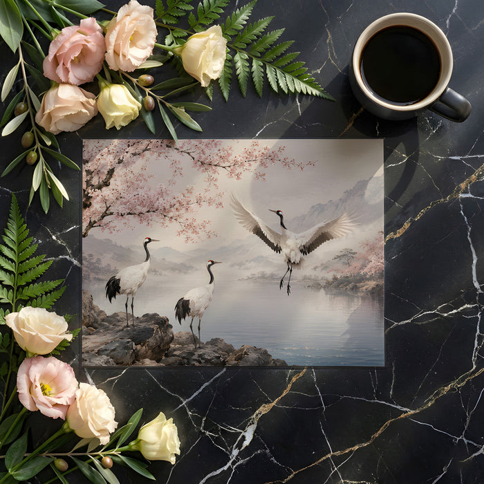 A dining room wall covered in a soft pink cherry blossom and crane landscape mural.