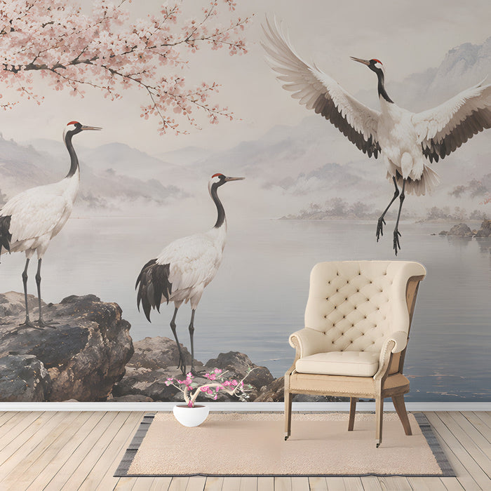 A home study with a traditional landscape mural featuring cranes and spring flowers.