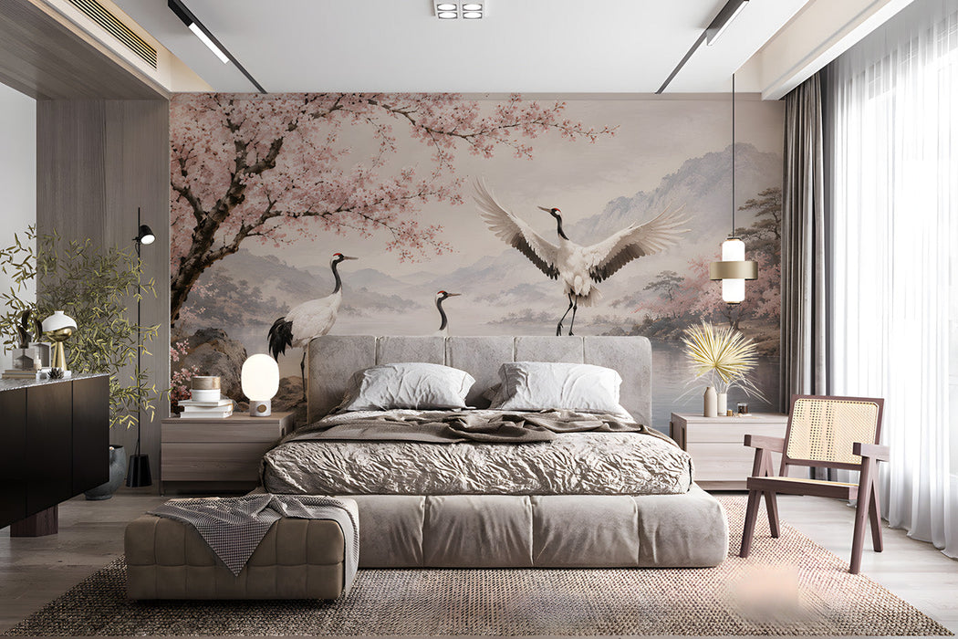 A bedroom featuring a crane and cherry blossom mural behind a minimalist wooden bed frame.