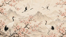 Crane and cherry blossom wallpaper mural with mountains and ink-wash parchment background