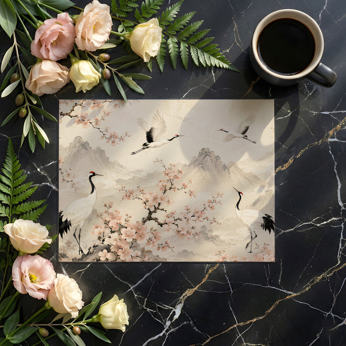 Soft blush floral mural with cranes in a bright, tranquil dining room setting