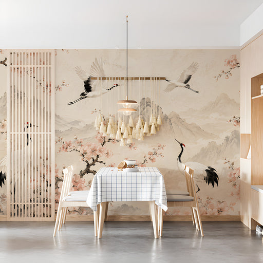 Crane and cherry blossom wallpaper installed in a peaceful dining room with light wood furniture