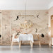 Crane and cherry blossom wallpaper installed in a peaceful dining room with light wood furniture