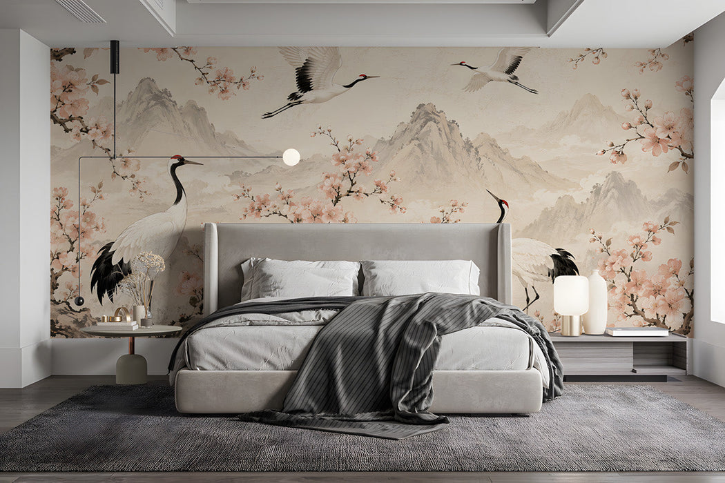Large scale crane mural as an accent wall in a sophisticated bedroom