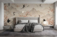 Large scale crane mural as an accent wall in a sophisticated bedroom
